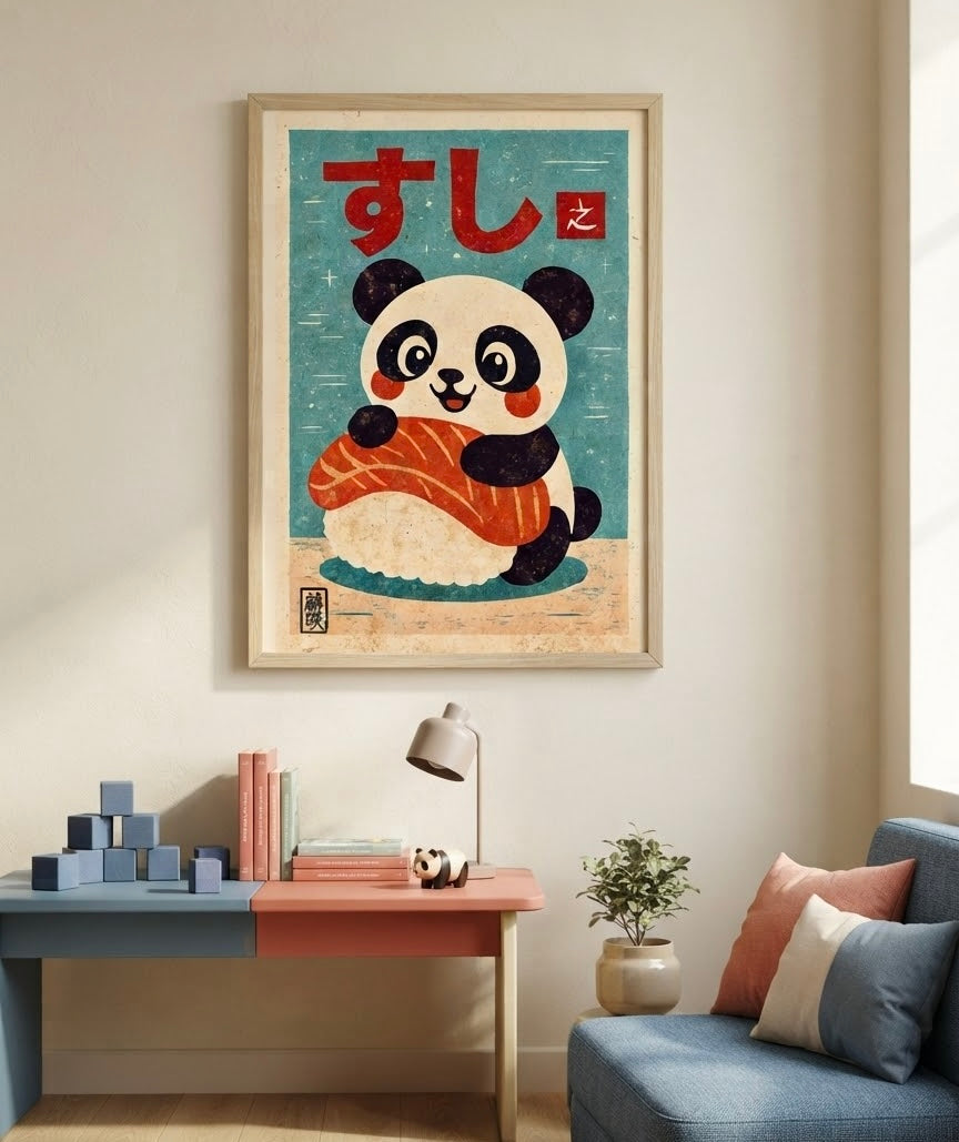 Affiche panda kawaii sushi au saumon encadrée et présentée avec une autre affiche kawaii en ambiance décoration murale pour chambre d'enfant