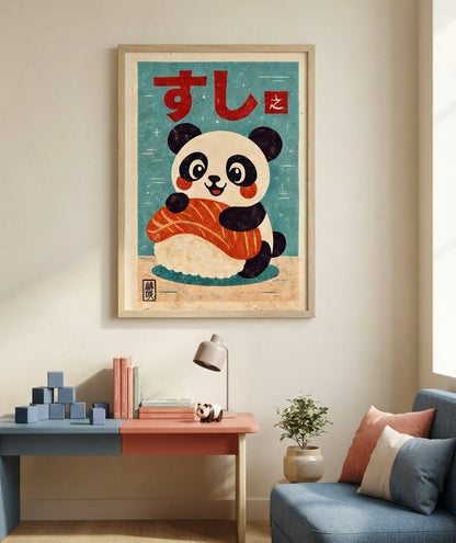 Affiche panda kawaii sushi au saumon encadrée et présentée avec une autre affiche kawaii en ambiance décoration murale pour chambre d'enfant