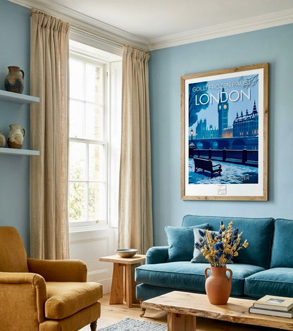 Vue d'ensemble d'un salon décoré de l'affiche Londres hiver encadrée, décoration murale bleue et dorée