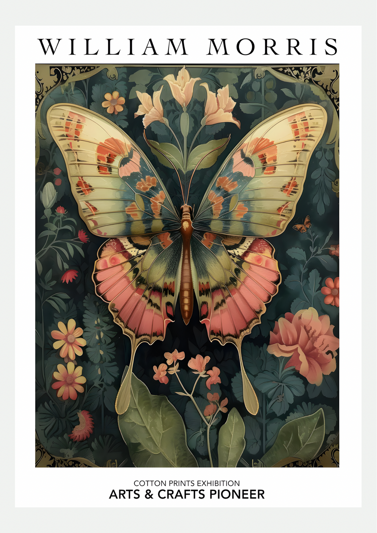Affiche William Morris Papillon Cotton Prints présentée seule sur fond neutre