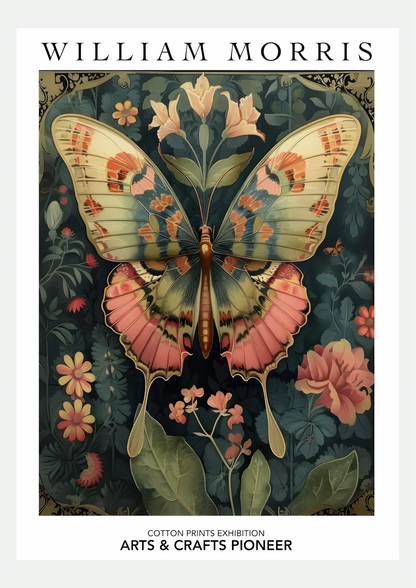 Affiche William Morris Papillon Cotton Prints présentée seule sur fond neutre