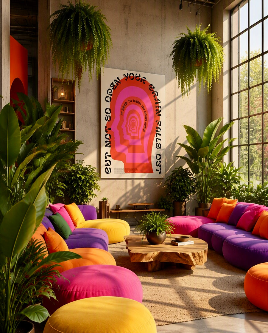 Affiche Open Mind rouge et rose encadrée, accrochée au mur d'un salon moderne