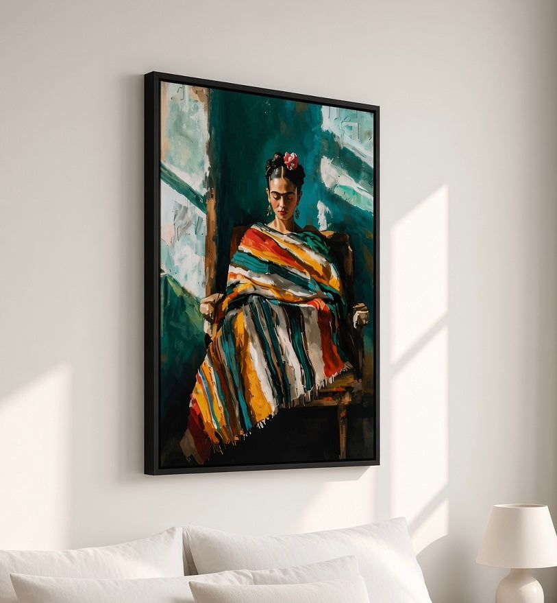 Toile Frida Kahlo encadrée, cadre et texture de la toile