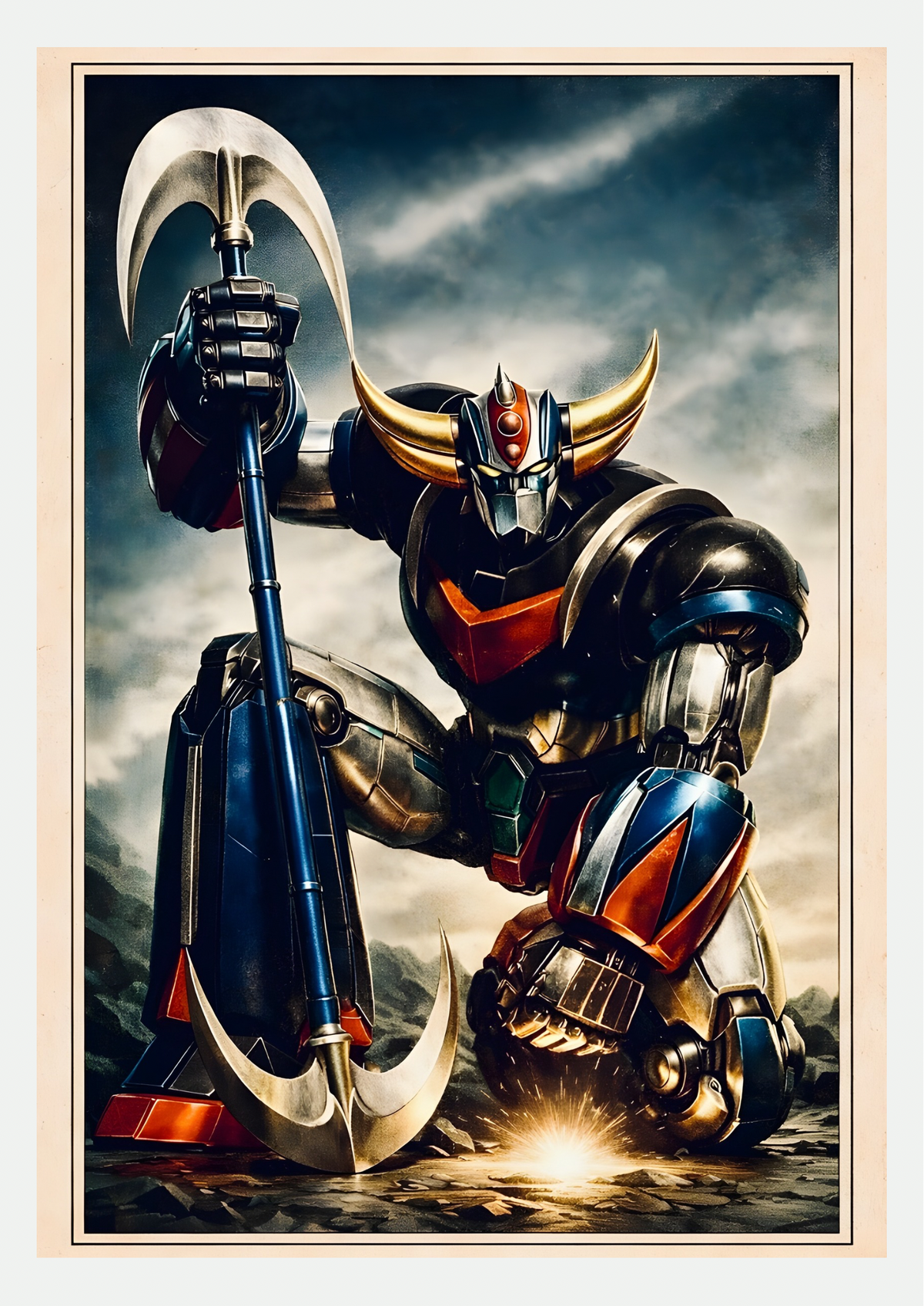 Affiche Goldorak robot géant à genoux tenant sa hache, style rétro vintage sur fond crème avec liseré noir