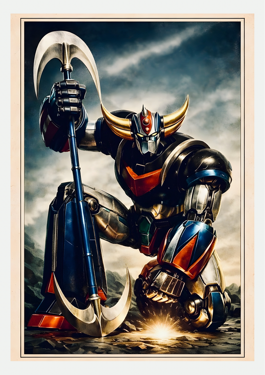 Affiche Goldorak robot géant à genoux tenant sa hache, style rétro vintage sur fond crème avec liseré noir