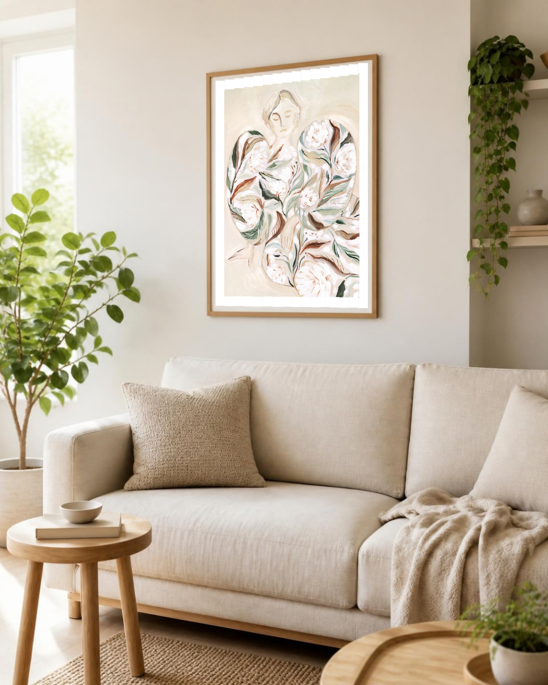 Poster femme silhouette florale encadré, accroché au mur d'un salon, décoration murale poétique aux tons sable et sauge