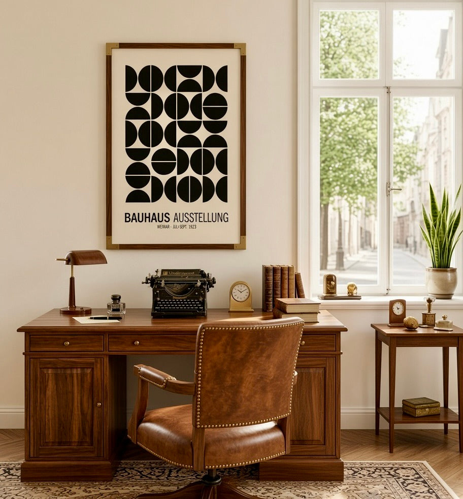 Poster Bauhaus Weimar 1923 demi-cercles noirs encadré accroché au mur d'un salon