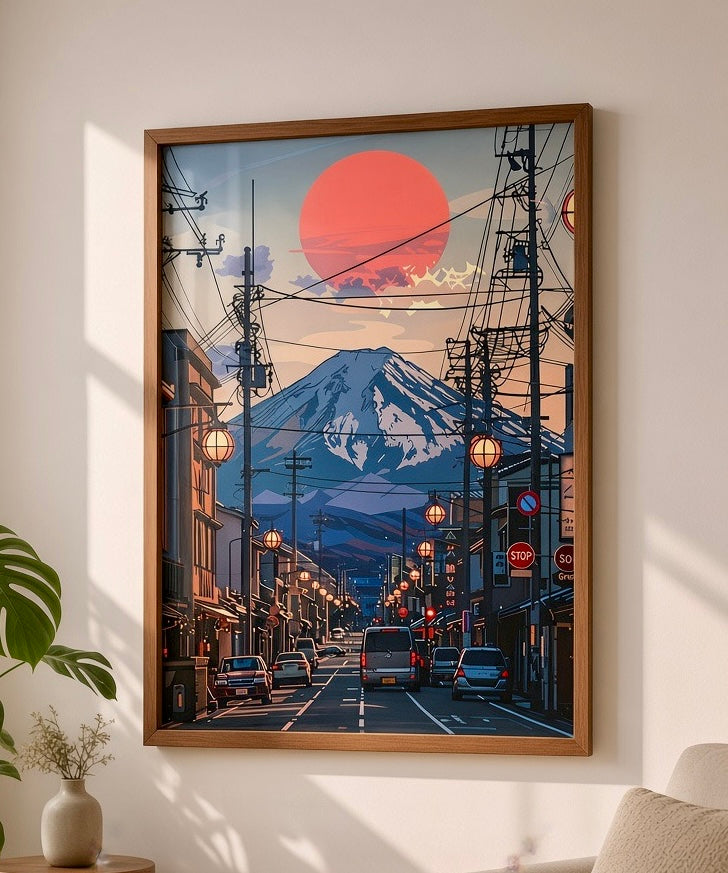 Gros plan sur l'impression et le papier de l'affiche Crépuscule sur le Mont Fuji