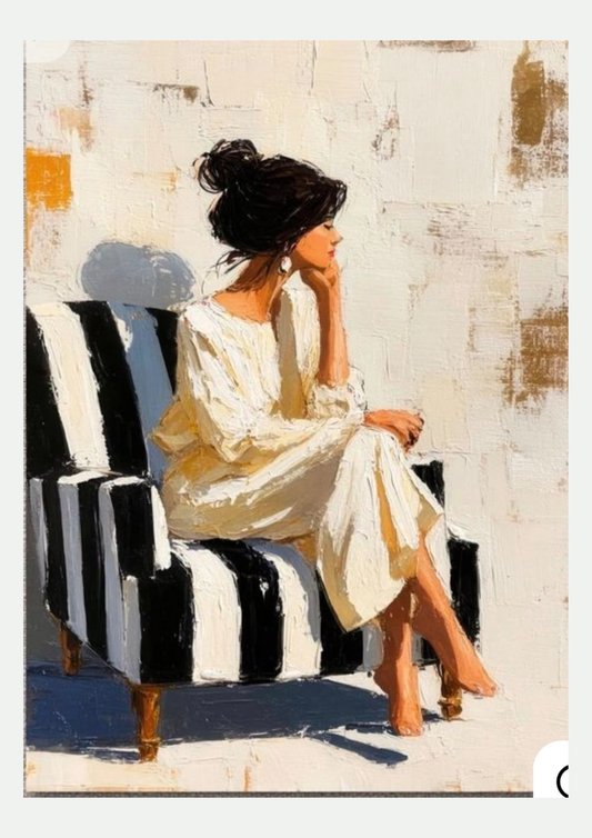 Affiche d'une femme songeuse assise sur un fauteuil rayé noir et blanc, peinture au couteau crème et ocre