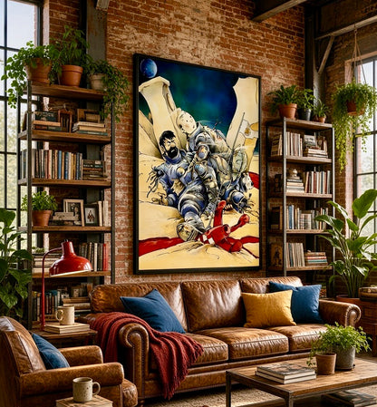 Affiche Exterminateur 714 encadrée, accrochée au mur d'un salon moderne