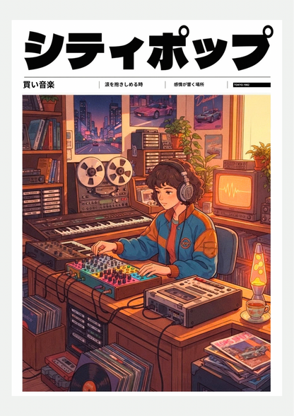 Affiche Studio Synthé Nocturne, city pop rétro japonais, présentée seule sur fond neutre