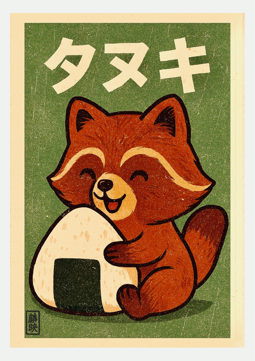 Affiche Tanuki et Onigiri – Poster Japonais Enfant Kawaii