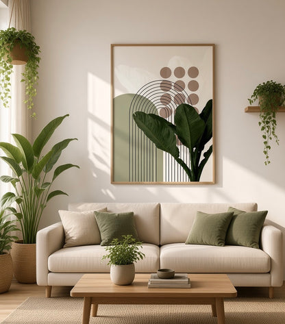 Affiche encadrée Arche Bohème & Feuillage Tropical accrochée au mur dans un salon