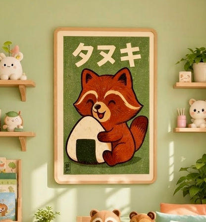 Affiche tanuki kawaii encadrée sur un mur, vue rapprochée du raton japonais roux et de son onigiri