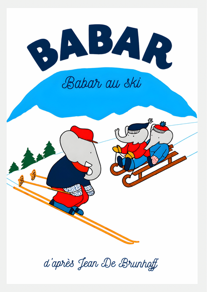 Affiche Babar au ski, éléphant en famille à la montagne, luge et sapins enneigés