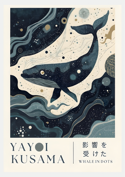 Affiche baleine céleste illustrée, bleu marine et touches dorées étoilées