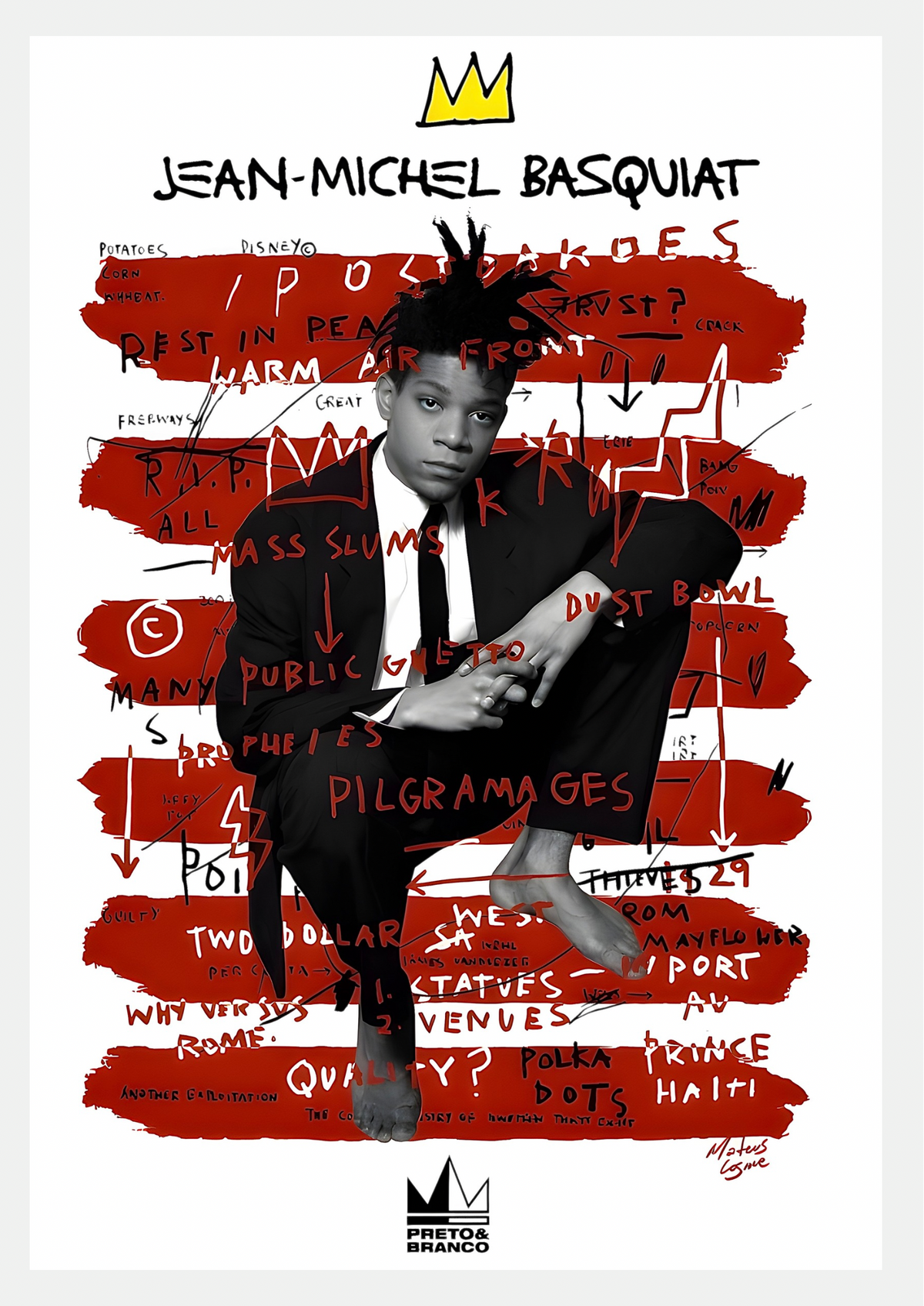 Affiche hommage Jean-Michel Basquiat, portrait en costume avec couronne sur bandes rouges couvertes d'inscriptions et symboles graffiti