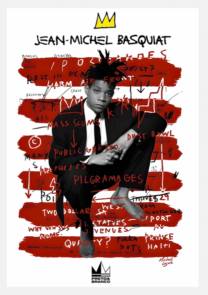 Affiche hommage Jean-Michel Basquiat, portrait en costume avec couronne sur bandes rouges couvertes d'inscriptions et symboles graffiti