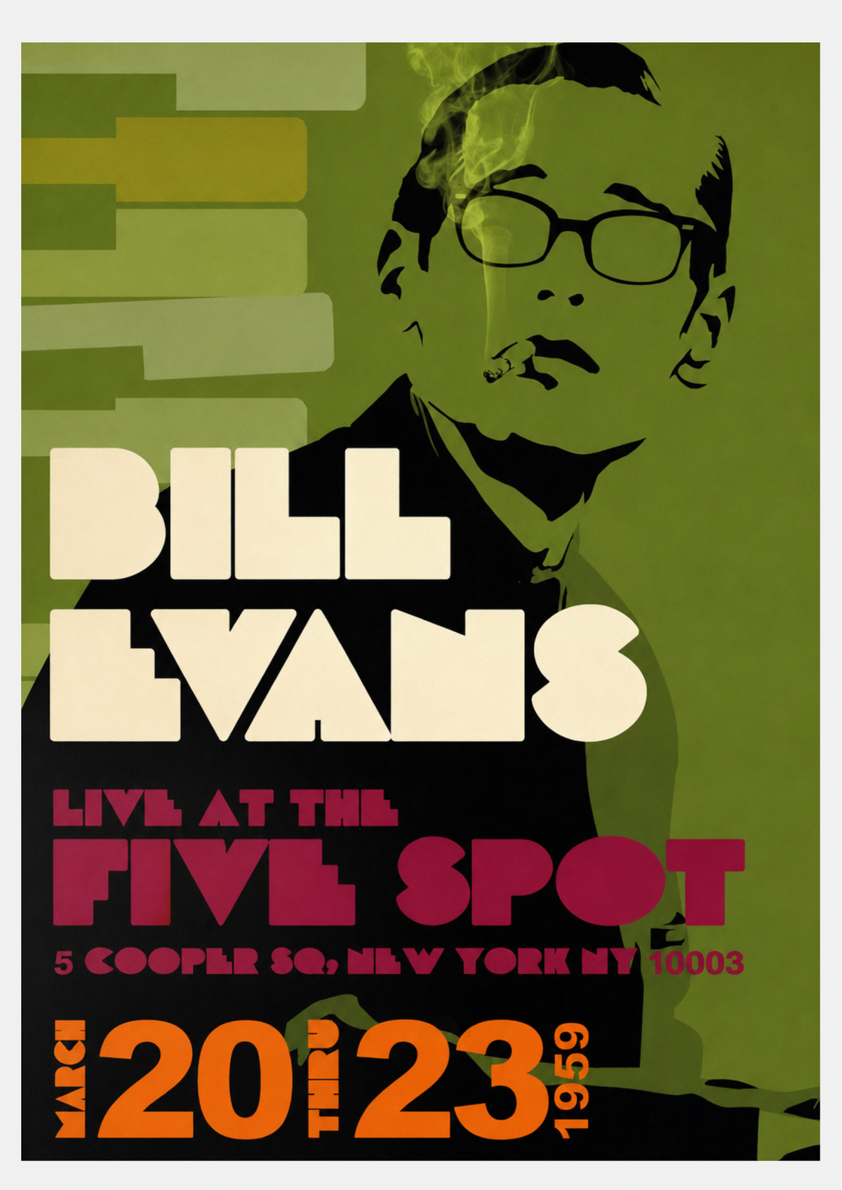 Affiche Bill Evans Five Spot New York, poster jazz minimaliste vert olive et magenta