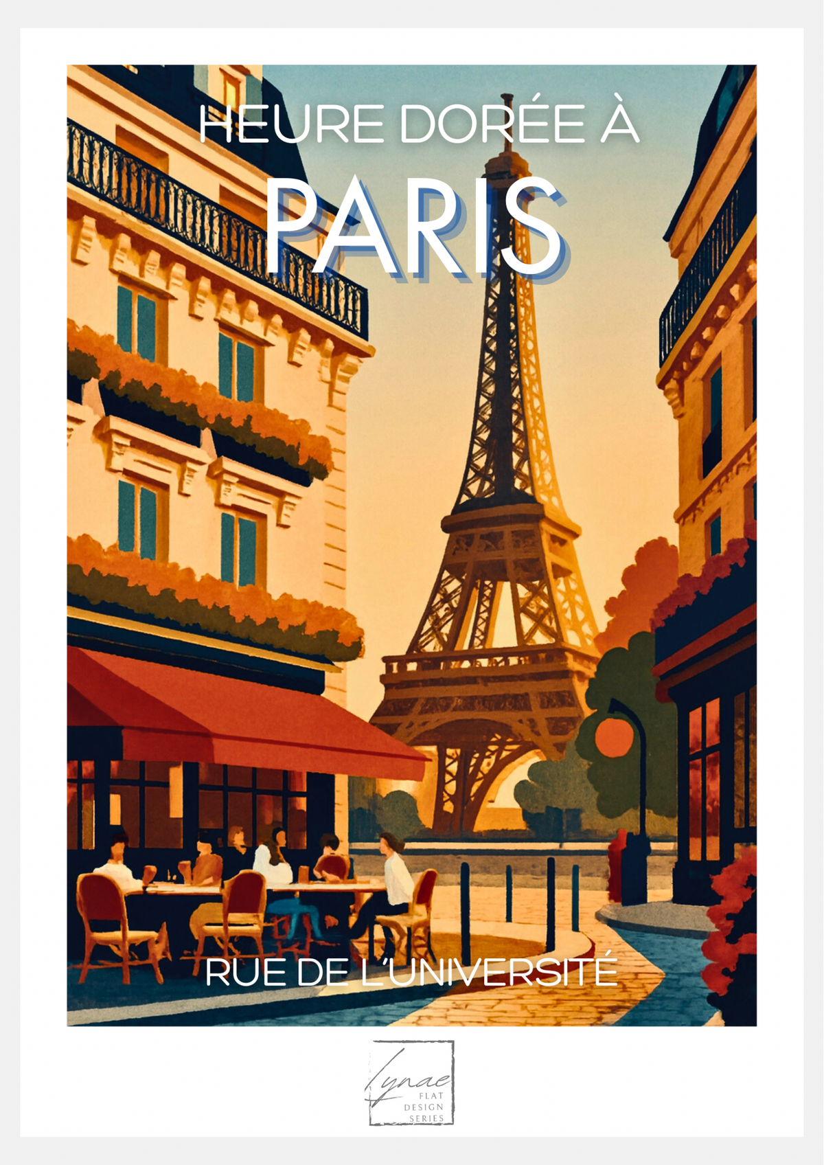 Affiche Heure Dorée à Paris, poster Tour Eiffel flat design