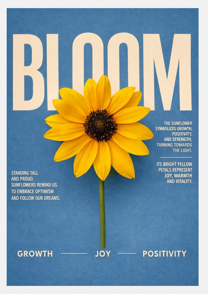 Affiche typographique Bloom avec tournesol jaune en gros plan, mot BLOOM en lettres crème sur fond bleu profond