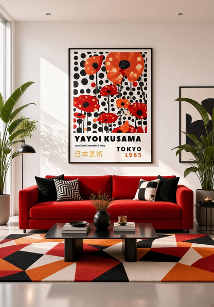 Affiche Yayoi Kusama Coquelicots à Pois encadrée en situation sur mur intérieur