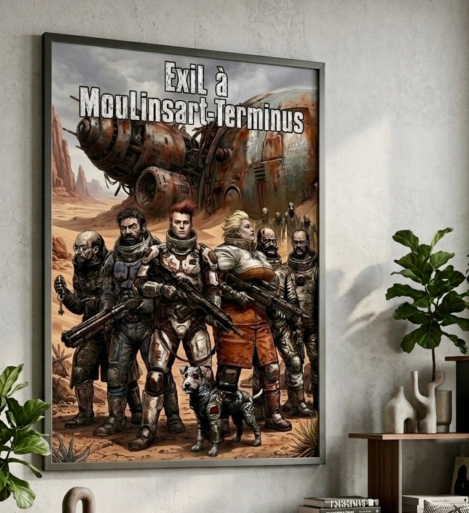 Affiche de bande dessinée post-apocalyptique Tintin façon Enki Bilal accrochée au mur, vue rapprochée avec cadre et décoration du salon