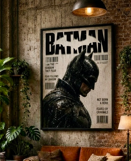 Gros plan sur l'impression de l'affiche Batman, détails de la cagoule et des gouttes de pluie en noir et blanc