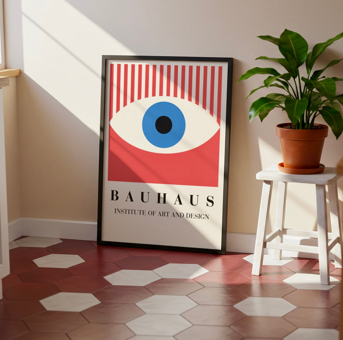 Poster Bauhaus œil rouge encadré accroché au mur d'un salon, design géométrique rouge, bleu et crème