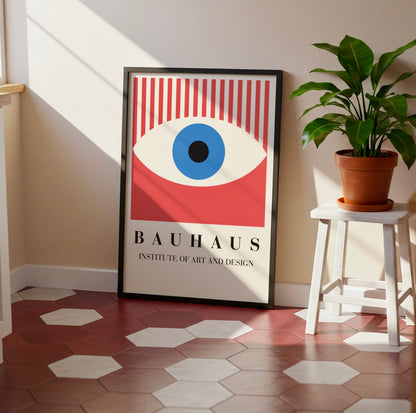 Poster Bauhaus œil rouge encadré accroché au mur d'un salon, design géométrique rouge, bleu et crème