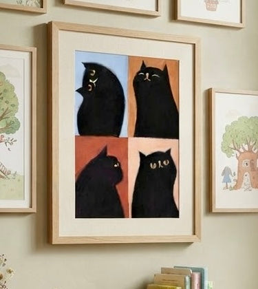 Gros plan sur l'impression et le papier de l'affiche Quatre Chats Noirs