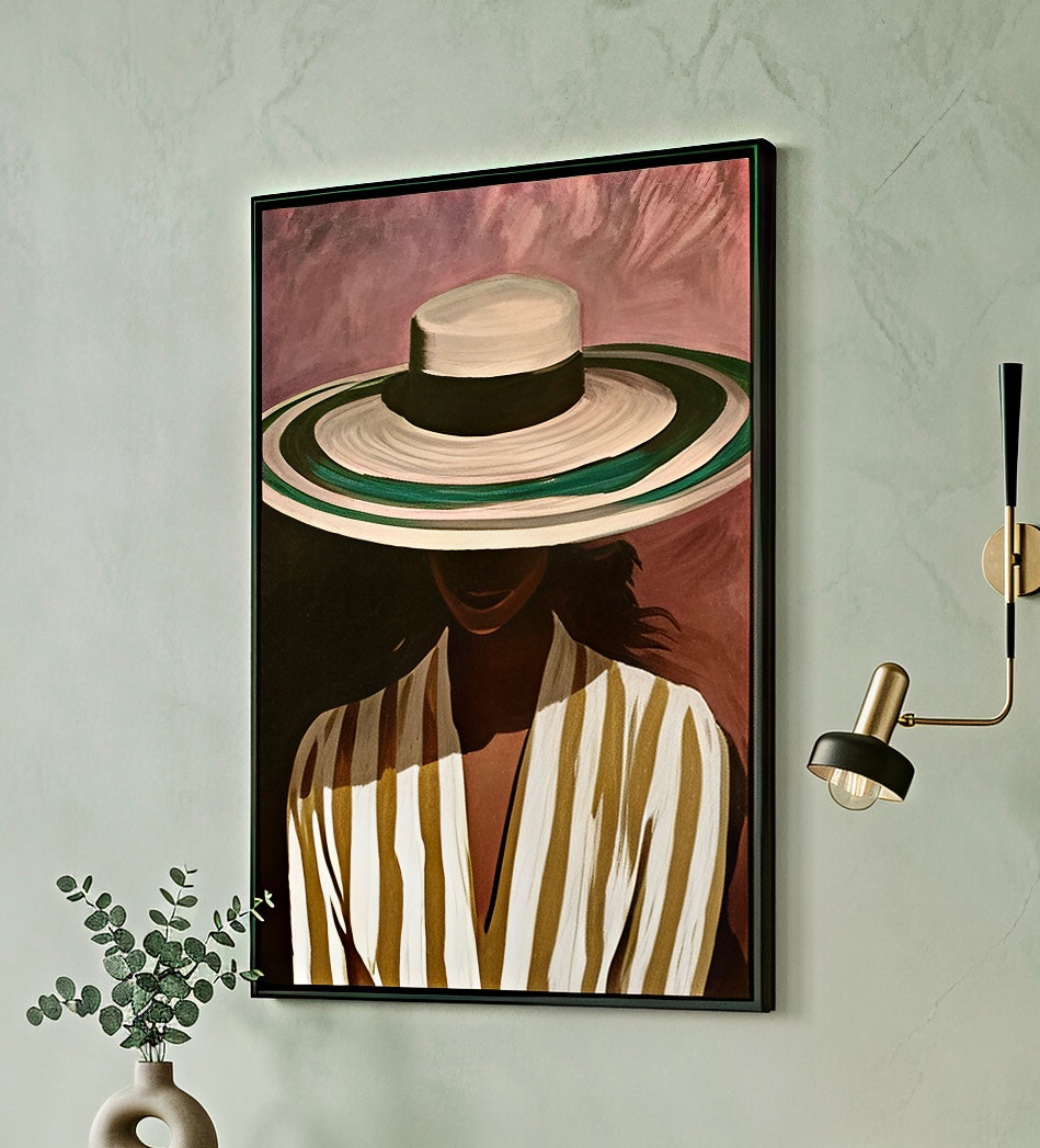 Toile Portrait au Chapeau de Paille encadrée accrochée au mur, vue d'ambiance