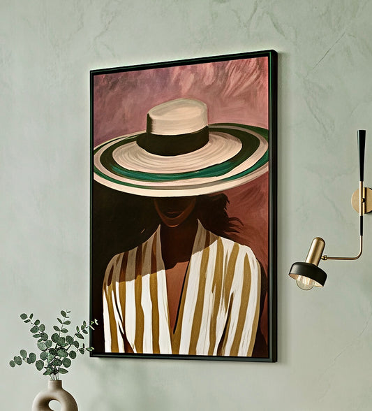 Toile Portrait au Chapeau de Paille encadrée accrochée au mur, vue d'ambiance