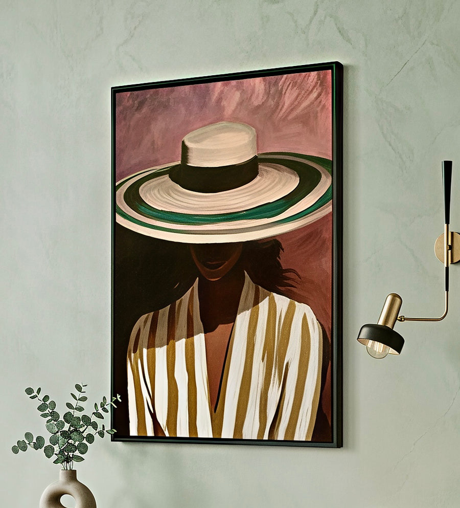 Toile Portrait au Chapeau de Paille encadrée accrochée au mur, vue d'ambiance