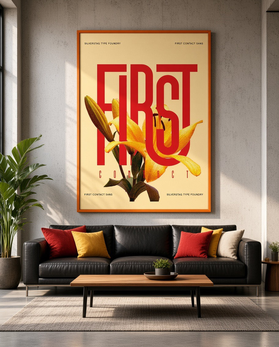 Affiche Typographique First Contact Lys Doré encadrée en situation sur mur intérieur