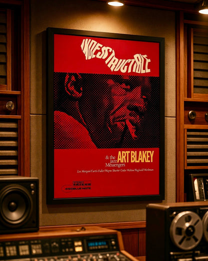 Vue d'ensemble d'un salon décoré avec l'affiche Art Blakey Indestructible encadrée
