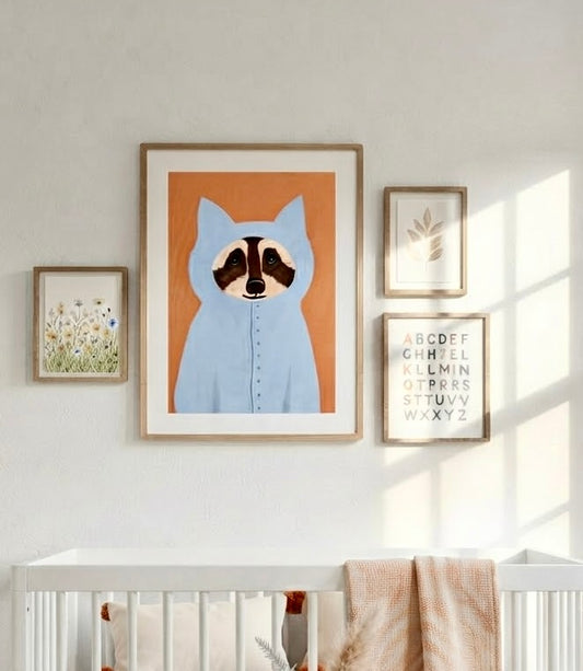 Affiche Raton Laveur à Capuche encadrée et accrochée au mur d'une chambre d'enfant