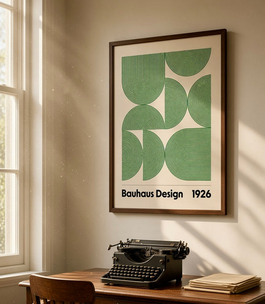 Affiche Bauhaus Design 1926 encadrée et accrochée au mur d'un salon