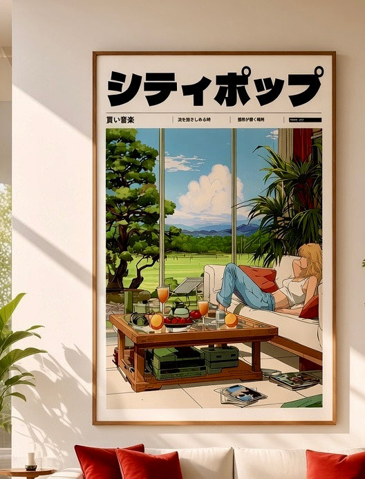 Gros plan sur l'impression et le papier de l'affiche City Pop salon et prairie, détails de la table basse