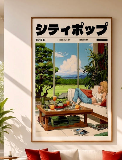 Gros plan sur l'impression et le papier de l'affiche City Pop salon et prairie, détails de la table basse
