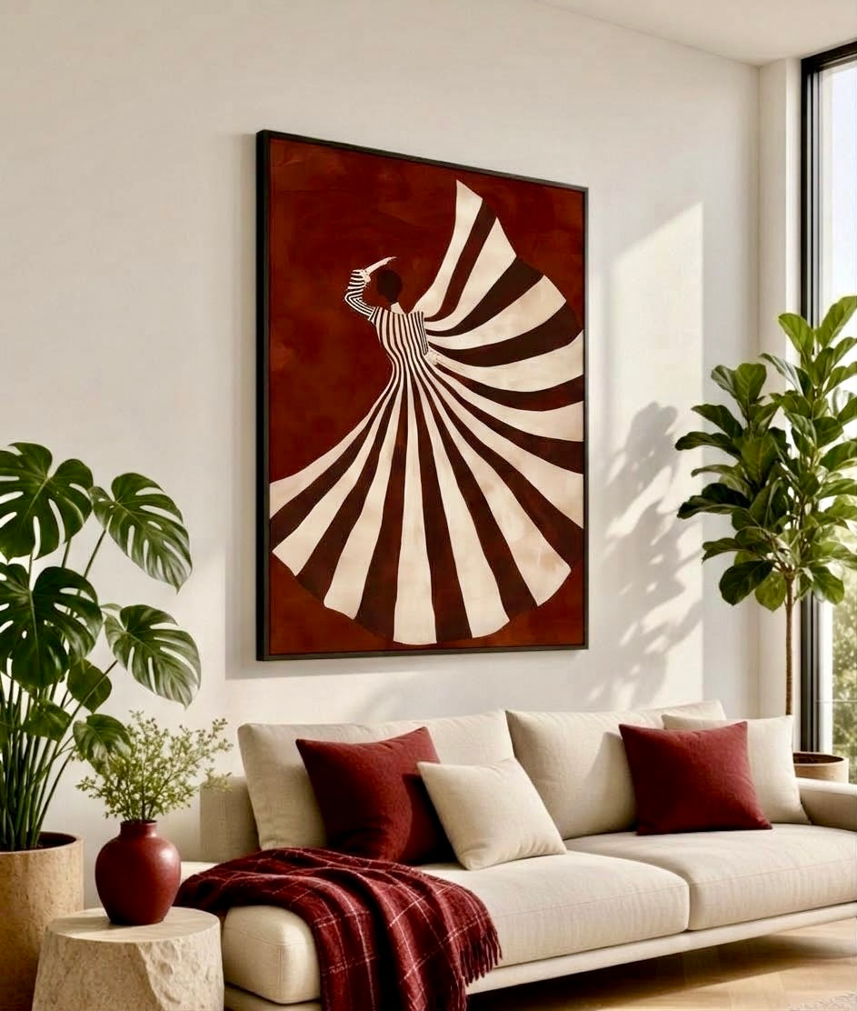 Vue d'ensemble d'un salon décoré de l'affiche danseuse robe rayée encadrée, décoration murale d'automne