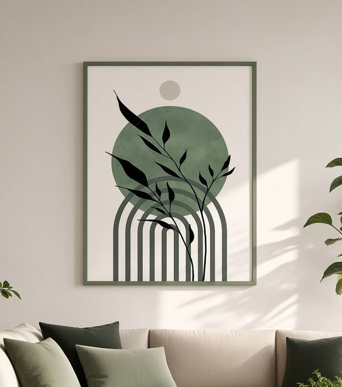 Vue rapprochée de l'affiche Fougère verte n°3 encadrée sur le mur