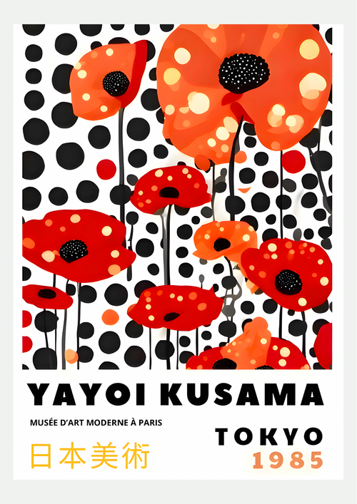 Affiche Yayoi Kusama – Coquelicots à Pois, Pop Art Floral Rouge et Noir