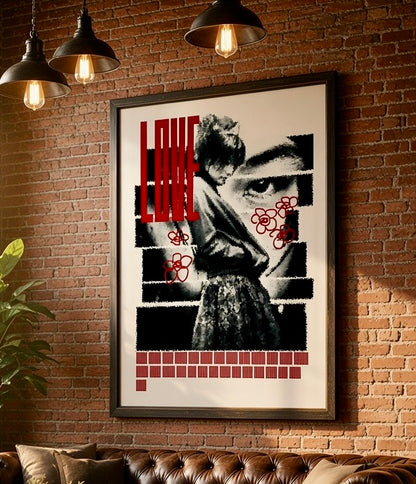 Gros plan sur l'affiche LOVE : grain du portrait en noir et blanc, typographie rouge et fleurs tracées au feutre