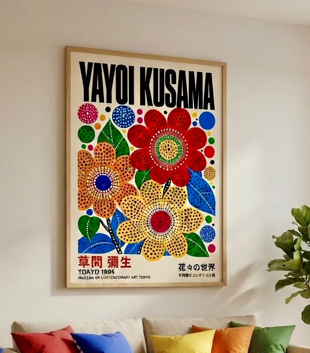 Gros plan sur l'affiche Yayoi Kusama : pétales à pois noirs, cœurs concentriques et feuilles bleues et vertes