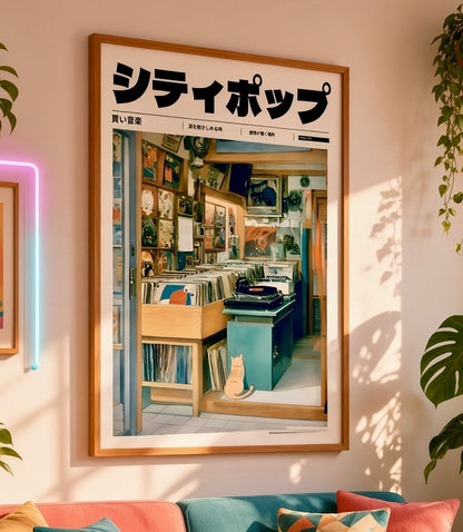 Vue rapprochée de l'affiche City Pop disquaire vintage Tokyo encadrée sur le mur du salon