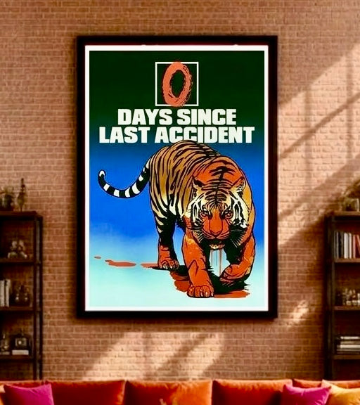 Vue rapprochée de l'affiche tigre pop art accrochée au mur, contraste orange et bleu