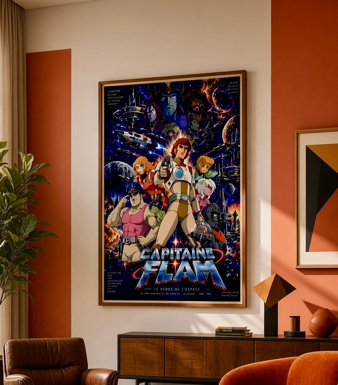 Gros plan sur l'impression de l'affiche Capitaine Flam : personnages animés, couleurs saturées et textes façon affiche de cinéma