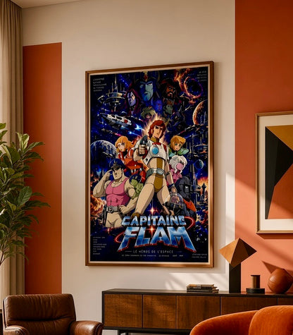 Gros plan sur l'impression de l'affiche Capitaine Flam : personnages animés, couleurs saturées et textes façon affiche de cinéma