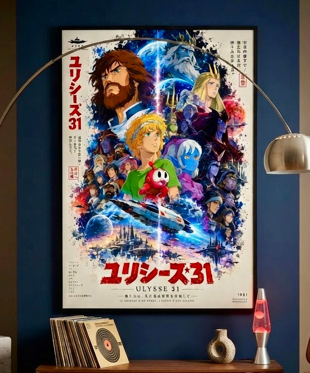 Vue rapprochée de l'affiche Ulysse 31 encadrée sur le mur du salon